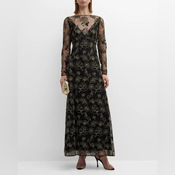 NWT Lela Rose Embroidered Floral Lace Long-Sleeve Illusion Maxi Dress Size 8 - Picture 1 of 9